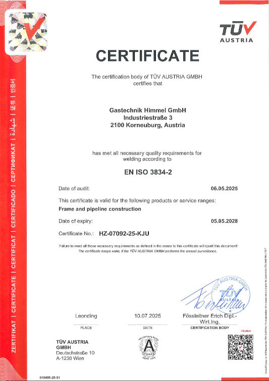 Zertifikat von TÜV Austria, das die Einhaltung der EN ISO 3834-2 für Gastechnik Himmel GmbH bestätigt.