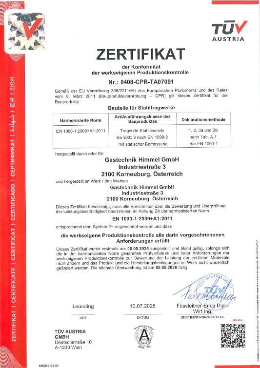 Zertifikat zur Konformität für Bauteile von Stahltragwerken mit TÜV-Austria-Siegel.